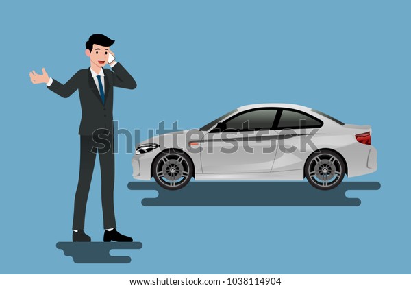 A calm businessman is calling to insurance\
company for help about his broken car parked on the roadside.Vector\
illustration design.
