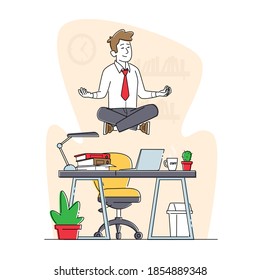 Calm Businessman Character Break in Office. Worker Meditating at Workplace. Relaxed Business Man or Employee Soaring in Lotus Position in Air Doing Yoga, Floating over Desk. Linear Vector Illustration