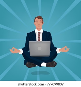 Calm businessman or manager hovers in air, sitting in lotus pose with closed eyes, laptop on his feet. In the background, divergent rays. Simplistic realistic style. Vector illustration