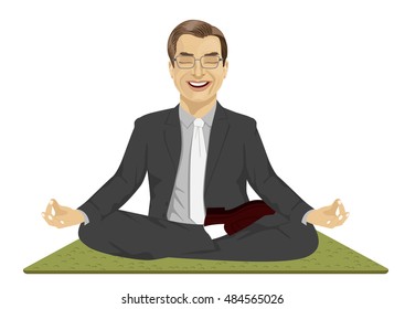 Calm businessman meditating in lotus pose