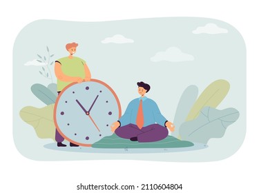 Calm businessman meditating while taking break from work. Office worker holding big clock flat vector illustration. Relaxation, meditation concept for banner, website design or landing web page