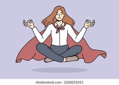 Calm businesswoman in cape meditate floating in air. Relaxed female employee in mantle engaged in meditation relieve stress. Vector illustration. 