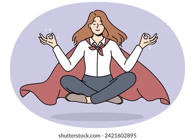 Calm businesswoman in cape meditate floating in air. Relaxed female employee in mantle engaged in meditation relieve stress. Vector illustration.