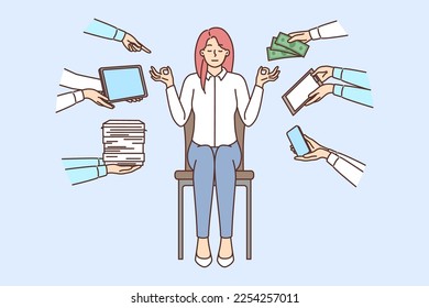 Calm businesswoman distracted from office work meditate at workplace. Relaxed female employee practice yoga relieve negative emotion. Stress free. Vector illustration. 