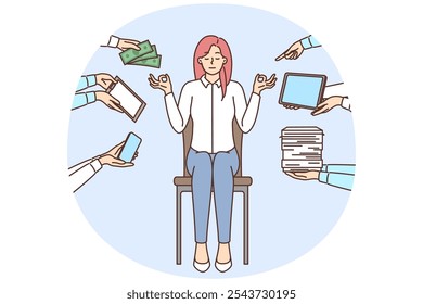 Empresaria tranquila distraída del trabajo de oficina meditar en el lugar de trabajo. La práctica relajada del yoga de la empleada femenina alivia la emoción negativa. Libre de estrés. Ilustración vectorial.