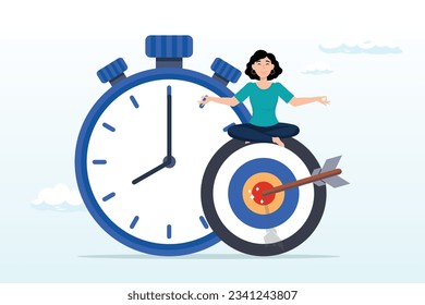 Calm businesswoman meditate on target and stopwatch, self discipline, professional to finish work, achieve goal before deadline, time management, productivity to reach target in timely manner (Vector)