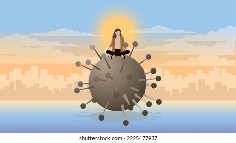 A calm businesswoman sits and meditates on a large Virus. Think of business idea solutions, problem solving from the pandemic economic downturn. In a morning sunrise city background.