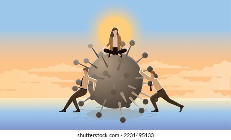 A calm businesswoman sits and meditates on a big virus with employee teamwork support. Think of business idea solutions, problem solving from the pandemic economic downturn. Sunrise city background.