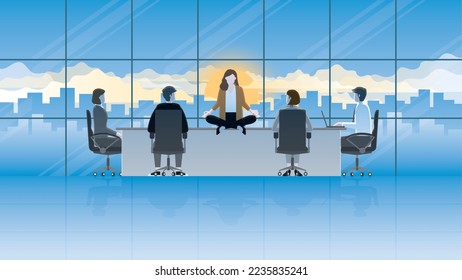 A calm businesswoman sits and meditates on an office conference room table. Think of a business idea solution to solve a problem, economic, finance, and recession. Attention from work colleagues.