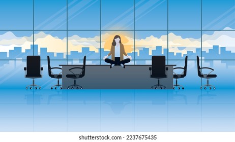 A calm businesswoman sits and meditates on a table with messy chairs. Think of business idea solutions, solve problems, stress relief, mindfulness, breath, and relax time in an office meeting room.