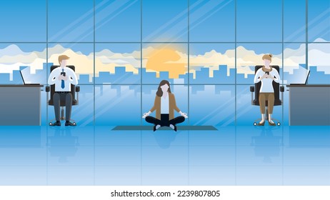 A calm businesswoman sits and meditates yoga at an office between laptop working employees. Think of business idea solutions, solve problems, stress relief, mindfulness, breath, and relaxation time.