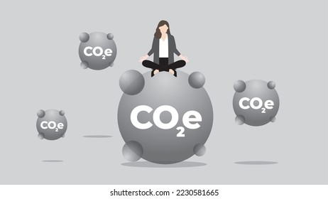 A calm businesswoman sits and thinks about CO2e Gas. ESG and green business policy concept of net zero emission, carbon footprint, carbon dioxide equivalent, global greenhouse gas, save the world.