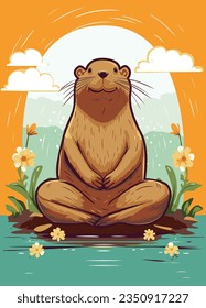 A calm capybara meditates in a yoga pose, sits on a pebble on a pond at dawn. Bright vector illustration.