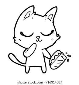 calm cartoon cat considering sharing a baguette