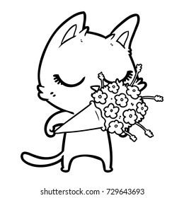 gato de desenho animado calmo com flores