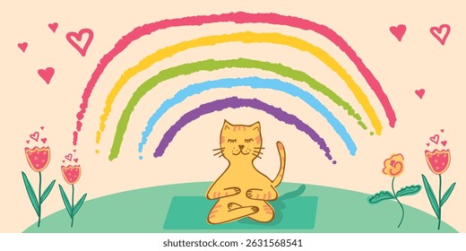 Calm cartoon cat meditating under a rainbow with hearts and tulips, bright whimsical style perfect for mindfulness, mental wellness, and children’s designs.