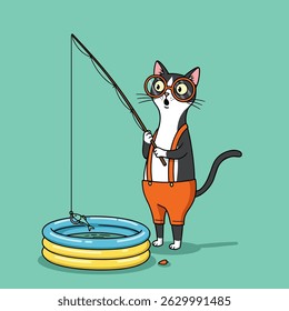 Calm cartoon cat in nature, gentle eyes, fishing action