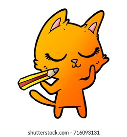 calm cartoon cat with pencil