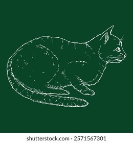 Calm Cat. Vector Chalk Sketch Feline Illustration