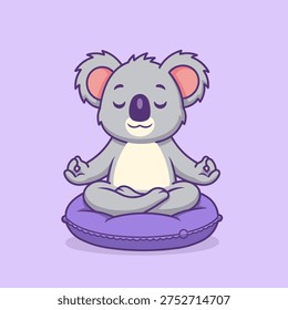 A calm and charming vector illustration of a koala mascot sitting peacefully in a meditation pose on a soft cushion.
