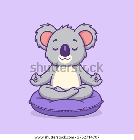 A calm and charming vector illustration of a koala mascot sitting peacefully in a meditation pose on a soft cushion.