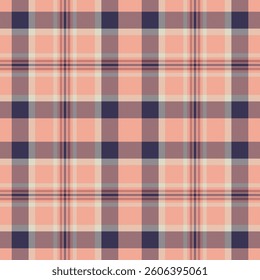 Calm check texture vector, stripped tartan fabric background. Ornate plaid textile pattern seamless in red and indigo colors palette.