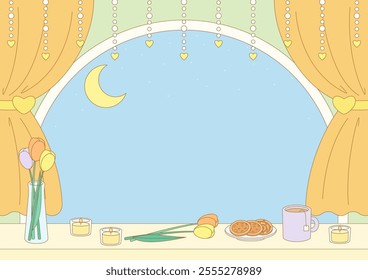 calm and chill night view from window in warm tone theme frame, vector illustration