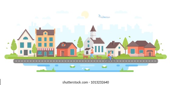 Calm city life - modern flat design style vector illustration on white background. Lovely housing complex with small buildings, trees, pedestrian zone with people walking, church, pond with lilies
