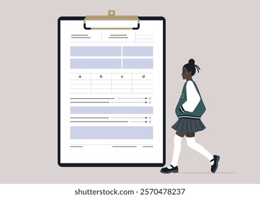 In a calm classroom setting, a student girl approaches a clipboard filled with test paperwork, dedicated to finishing her examination with concentration and diligence