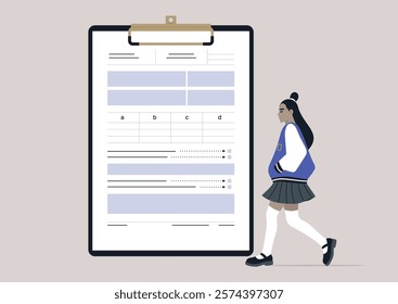 In a calm classroom setting, a student girl approaches a clipboard filled with test paperwork, dedicated to finishing her examination with concentration and diligence