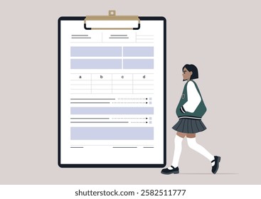 In a calm classroom setting, a student girl approaches a clipboard filled with test paperwork, dedicated to finishing her examination with concentration and diligence