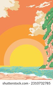 Calm coast bay landscape and big mountain over sunset background.