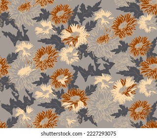 Calm colors floral seamless pattern of hand drawn chrysanthemum flowers in grey beige earth tones. For design, package, home textile, fabric, wallpaper, bedding, clothes fabrics.