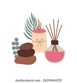 Calm composition featuring meditation essentials: candle, aroma diffuser, massage stones, tropical plants. For banners and cards