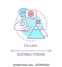 Calm concept icon. Quiet idea thin line illustration. Mountain tourism. Goal achievement. Consideration of emotion mood. Keeping calm attitude. Vector isolated outline drawing. Editable stroke