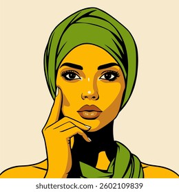 A calm and confident woman with a stylish headscarf, gazing with intensity