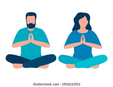 Calm couple meditating, sitting on lotus pose at home. Yoga concept. Man and woman do meditation for benefits health of body, mind and emotions. Vector isolated on white background