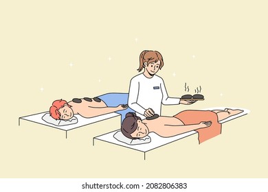 Calm couple relax have hot stone massage therapy in spa together. Happy man and woman rest enjoy body care procedures in saloon or aesthetic clinic. Beauty and cosmetology. Vector illustration. 