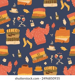 Calm cozy autumn seamless pattern. Sweaters endless background. Vector hand drawn flat illustration.