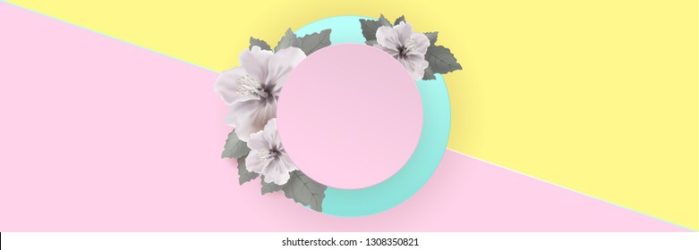 Calm cute pastel background with hibiscus flowers and place for text, blue and pink background. Modern minimal design for banner and advertising, catalog cover or slide. Colorful of soft pink. Pastel 