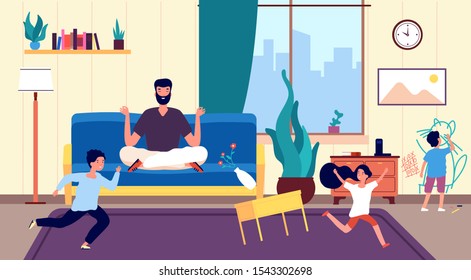 Calm dad and kids. Father meditates among running naughty, mischievous children creating chaos in room. Calming person vector concept