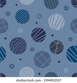 Ruhige, dunkle Kreise mit gestreiften Wellen und Dekoration auf blaugrauem Hintergrund. Nahtlose abstrakte Geometrie Muster. Geeignet für Verpackung, Textilien.