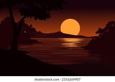 Tranquila puesta de sol oscura con río y árboles