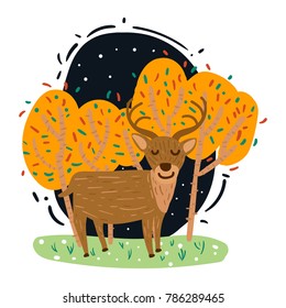 Calm Deer in night snowing forest for children of kids book illustration