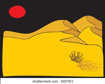 calm desert scene of a tumbleweed casting a shadow in the sand with red sun setting