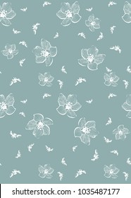 Calm design in new minimalism style with flowers of cherry, magnolia or sakura and word Spring on a blue background. Spring seamless pattern for postcard, poster, wpar, window cover, discount coupon
