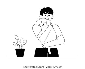 A calm dog being carried by a boy, child and pet vector illustration.