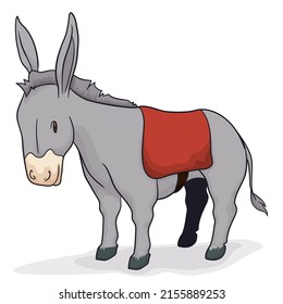 Calm donkey with long ears, tail, gray fur and a red saddle, ready to be ridden. Isolated over white background.