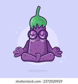 calm eggplant vegetable character mascot with yoga meditation pose isolated cartoon in flat style design