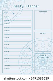 A calm and elegant day planner with a mandala design. Includes sections for date, hourly schedule, reminders, notes, and daily affirmations.